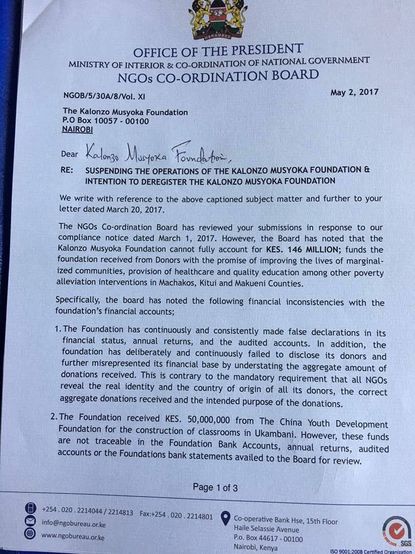 Kenya: Letter from the Office of the President – “Re: Suspending