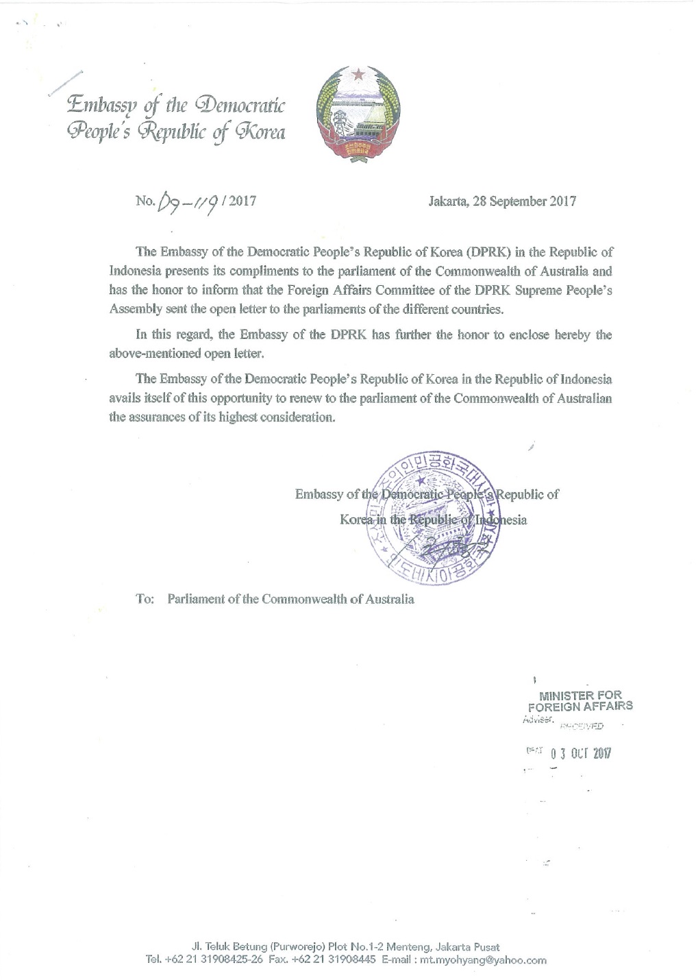 The North Korean Embassy of Jakarta (DPRK) Letter to the 